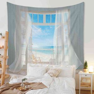 Finestra Tappeto Decorazione della parete Bella Ocean Beach Blue Sky Room Decorazione della casa Tende Luna Paesaggio Hippie Boho Coperta da parete J220804