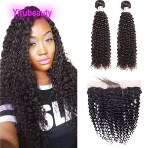 Cabelo humano brasileiro de Yirubeauty 2 pacotes com 13x4 Lace Frontal Kinky Curly 3 PCs Double Waffs com fechamento peruano