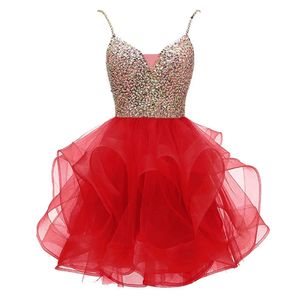 Heimkehrkleider Organza V-Ausschnitt Spaghettiträger Spitze Kurzes Graudation Cocktail-Abschlussball-Partykleid A05