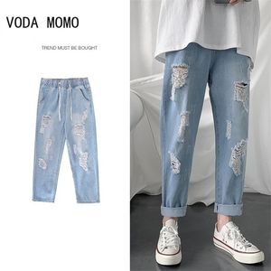 Летние облегающие джинсы для мужчин. Уличная одежда. Корейский дизайнер. Обычные потертые джинсовые узкие брюки Homme. Джинсы с дырками в стиле хип-хоп. Брюки 220718