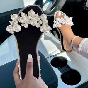 Fashion Pearl Slippers Large Size Women Flat Sandals Leisure Non-slip Slides 2022 Summer Woman Footwear Indoor Home Flip Flops Y220412