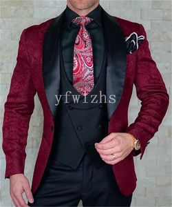 Yakışıklı Kabartma Groomsmen Şal Yaka Damat Smokin Adam Takım Elbise Düğün / Balo / Yemeği Adam Blazer (Ceket + Pantolon + Yelek + Kravat) N001