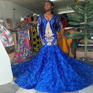 Royal Blue Deep V Neck Mermaid Prom Dresses Black Girls Long Sleeves Flower Sweep Train Evening Gowns African Formal Party Dress