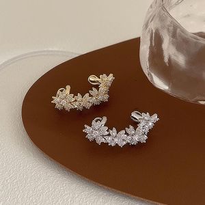 Clip-on & Screw Back Full Rhinestone/Crystal Flower Stud Earrings For Women Charm Gold Silver Color Ear Auricle Line Statement Earring Bride