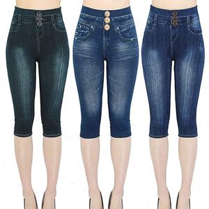 Jeans falsos leggings woman esticada impressa calças de perneiras curtas Cultas de verão Alta cintura perfeita jeggings