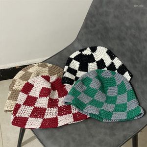 Шапка-бини/кепка в японском стиле, шахматная решетка, рыбацкая шапка, женская корейская версия дикой ручной работы, Kawaii, вязаная шерстяная шапка Delm22