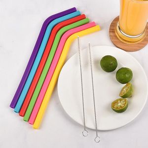 UPS 6pcs+2brush/conjunto 23cm Cores doces de silicone palha reutilizável dobrado dobrado palha straw home bar acessório tubo de silicone