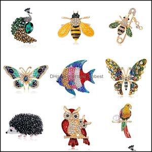 Piny broszki biżuteria 2021 MTI Kolor Enamel Ainmal dla kobiet Peacock Bee Butterfly Hedgehog Owl Flamingo Parrot Crystal Brooch Pins Modna