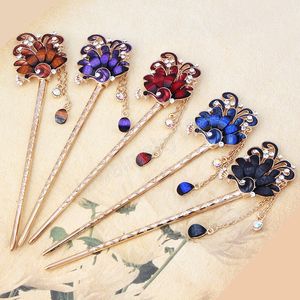 Vintage Kristall Strass Pfau Haar Sticks Vogel Blumen Haarnadel Metall Quaste Kette Haar Zubehör Für Frauen Haar Schmuck