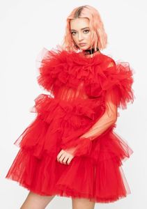 Casual Dresses Ankomst Chic Red Ruffle Tulle Mini Dress Kvinnor Puffy Tiered Party Gown Fashion Sheer Långärmade Kort