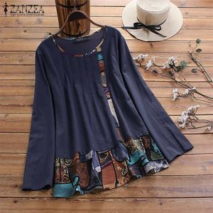 Camicetta patchwork da donna 2020 ZANZEA Top stampati vintage T-shirt a maniche lunghe casual T-shirt con bottoni femminili Blusas Plus Size Tunica Y200623