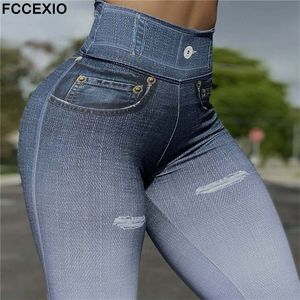 Fccexio rippade jeans 3D -tryck kvinnor byxor skjuter upp springa sport leggings smala byxor kvinnliga avslappnade byxor fitness sexig benging 220628