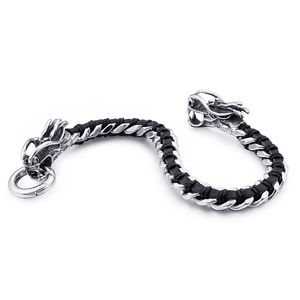Hip-Hop Double Dragon Heads Chain Bracelet Bangle Stainless Steel With Genuine Leather For Mens 8mm 8.66''