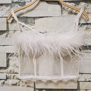 Solidny kolor siatkowy koronkowy pióro camisole nowa jesień i zimowa biała kamizelka rurka uprawek Kobiety seksowne krótkie bustier Camis K545 T200628