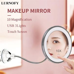 USB Makeup Mirror With LED Light 3 Color 10x förstoring Make Up Pekskärm Flexibel Sug Cup Illuminerad 220509