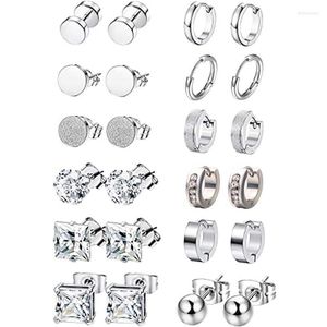Stud 12 Pairs Of Stainless Steel Cubic Zirconia Earrings Women's And Men's Huggie Ring Set Silver Style Moni22
