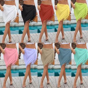 Badkläder sexiga strandkjolar sarong semester solskyddande kläder europeiska amerikanska fransar räffla kjol tassel bikini cover ups kvinnor korta kjol kropp inslag