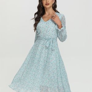 S.FLAVOR Summer V-neck Floral Print Chiffon Women Dress Elegant Long Sleeve A-line Dress Female Knee Length Party Vestidos 220516