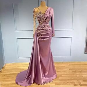 2022 Lätt Purple Mermaid aftonklänningar Sträng V Neck Appliced pärlstav långärmad formell promfest andra mottagning Special Tillfällen klänningar