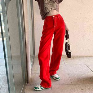 Workowate kobiety proste dżinsy streetwear vintage wysokiej talii szerokie nogi dżinsowe spodnie czerwone dżinsy swobodne odzież spodnie T220728