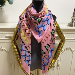 Women's square scarf pashmina good quality 100% twill silk material pink pint letter butterfly pattern size 130cm- 130cm