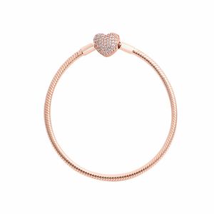 CZ diamond Pave Love heart Clasp Moments Snake Chain Bracelet Womens Wedding gift designer 18K rose gold plated with Original box for Pandora Charms bracelets