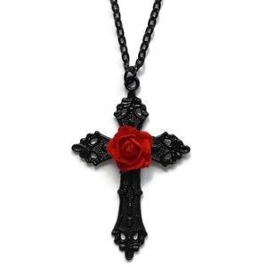 Naszyjniki wisiorek Goth Black Cross z czerwoną różą naszyjnik Biżuteria Prezent Romantyczny delikatność Wspaniałe kobiety