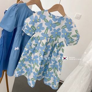 Summer Lolita Blue Floral Kids Clothes Girls Girl Casual Elegant Children per adolescenti Abito da preda a pressione da prendisole da prese per adolescenti 220521