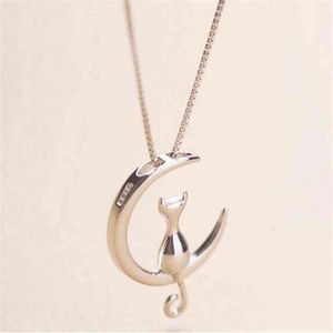 Cat Fashion Moon Pendant Necklace Charm Silver Gold Color Link Chain Necklace For Pet Lucky Jewelry for Women Gift Shellhard GA308227Q