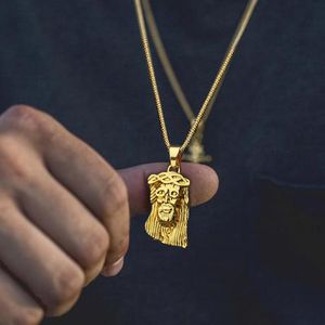 Pendant Necklaces Hip Hop Gold Color Jesus Piece Head Face Pendants Rope Chain Collier For Men Women Christian JewelryPendant