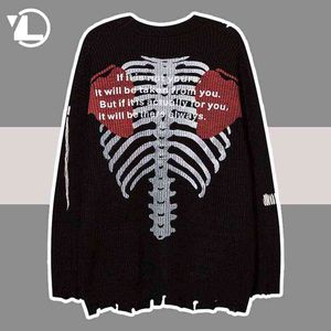 Skeletthål stickning tröjor män skrämmande skalle hjärtbokstäver hoppare mode harajuku stickad casual lös streetwear pullover t220730