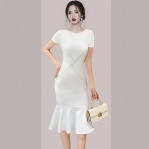 Party Dresses Elegant Office Lady Sexig vit klänning Klassiska kvinnor Kort ärm O Neck Vintage BodyCon Summer Mermaid Bandage F252 Party