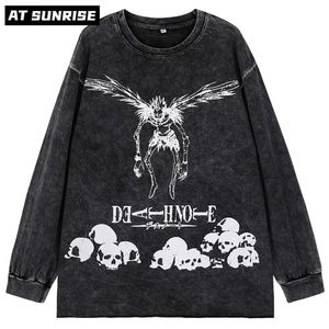 Death note Oversize мытая футболка с длинным рукавом Уличная одежда Harajuku Винтаж Ретро черепа Футболка с графическим принтом Мужские весенние топы 220323