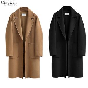 Qingwen Autumn Winter Long Jacket Female Fashion Plus Size Size Black Kaki Wool Outer Jackets for Women 2022 Manteau Femme Hiver L220725
