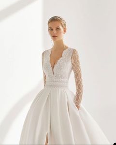 Abiti da sposa sexy a trapezio scollo a V maniche lunghe in pizzo chiffon pizzo raso vita alta applicazioni papillon paillettes lunghezza del pavimento abito da sposa boho abiti da sposa bohémien