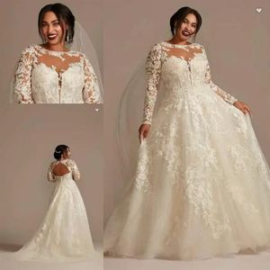 2022 Lace Wedding Dresses Sheer O-neck Illusion Long Sleeve Plus Size Applique Floral Puffy Dress Princess Bridal Gown Purely Handmade