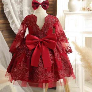 Rotes Mädchen-Spitzen-Partykleid mit langen Ärmeln, Blume, elegantes Hochzeits-Abendkleid, rückenfreie Schleife, Tüll, Prinzessin-Festzug, formelles Kleid G220428