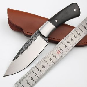 1Pcs Top Quality Survival Straight Knife Forged Steel Drop Point Satin Blade Full Tang Ebony Handle Fixed Blade Knives With Leather Sheath