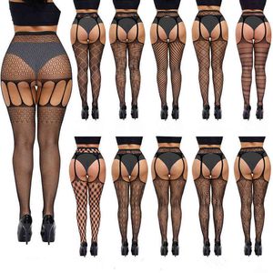 HOT NEW Plus Size Sexy Women Stocking Fishnet High Waist Transparent Tight With Garter Belt Pantyhose Crotchless Lingerie Women T220808