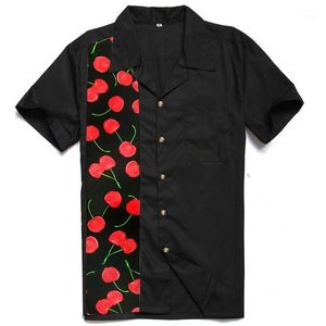 Candowlook Western Style Kläder Online Herr Cherry Printed Kontrastfärger Vintage Rockabilly 40s 50-talets festklubbskjortor Casual