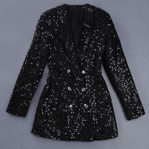 W017 High Quality Fashion 2022 Designer Homecoming Party Women Double Lion Buttons Shawl Collar Glitter Sequined Long Runway Black Blazers