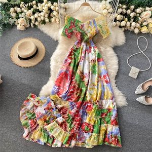 Bohem kadın kravat boya baskılı kısa kollu dres yaz uzunluğunda elbise v yaka yüksek bel tatil plajı fırfır vestidos 220518