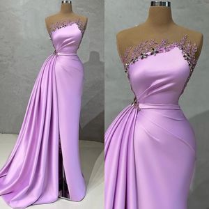 Satin Elegant Lilac Mermaid Prom Dresses With Tarin Side Split Sheer Neck Appliqued Bead Plus Size Women Gowns Formal Evening Dress