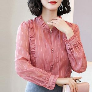 Women's Blouses & Shirts Spring Woman Female Stand Collar Ruffled Beige Black Long Sleeve Chiffon Blouse Top Shirt Womens Korean Fall Tops B