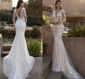 2022 Luxus Spitze Appliques Pailletten Meerjungfrau Hochzeit Kleid V-ausschnitt Langarm Backles Sweep Zug Braut Kleid Vestidos De Noiva