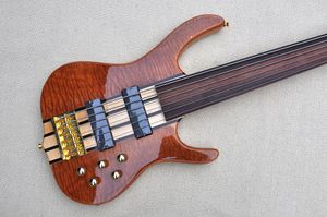Factory Custom 6 Strings Electric Bass Guitar with Quilted Maple Veneer Fretless Rosewood Fingerboard Gold Hardware Offer Customized