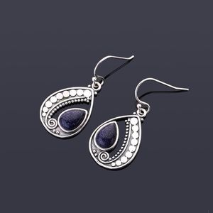 Dangle & Chandelier Silver Pendant Earrings 6X9MM Drop-Shaped Blue Sandstone Vintage Women Fashion Jewelry Wedding Party JewelryDangle