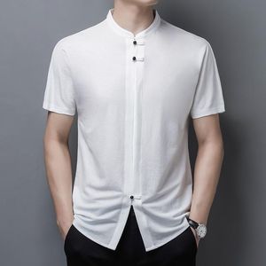 Herrklänningskjortor Summer Tang Suit Men's Pullover Button Up Shirt Short Sleeve 2022 Casual Classic Male Luxury Collarless Solid Color S