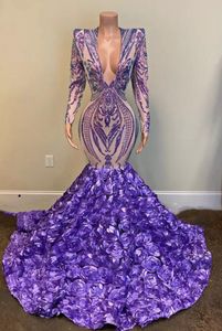 Lila lavendel sjöjungfru aftonklänningar 2022 Prom Sparkly paljett 3D Flowers v Neck Long Sleeve African Black Girl Formal Prom Gown0328