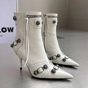 New White sheepskin pointed high-heeled boots Metal buckle decoration women's shoes motorcycle tassel Leather Zip shoes luxury designer fashion naked boot